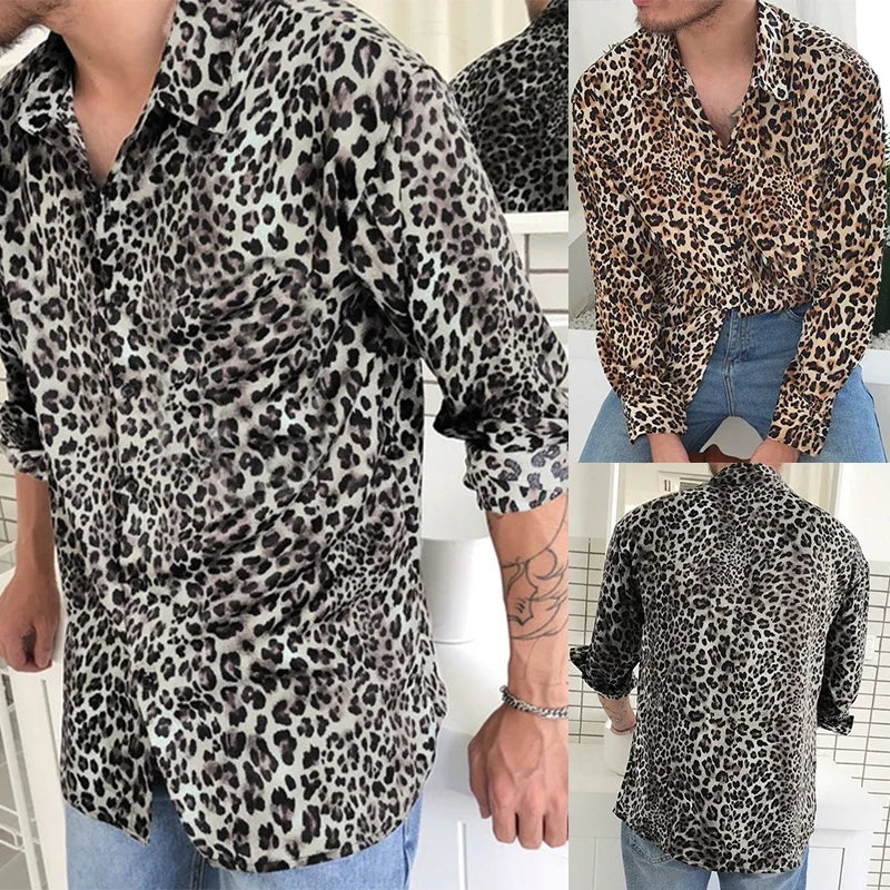 Mens Fashion Leopard Print Shirt High Quality Long Sleeve Shirt Social Man Casual Party Homme Shirt