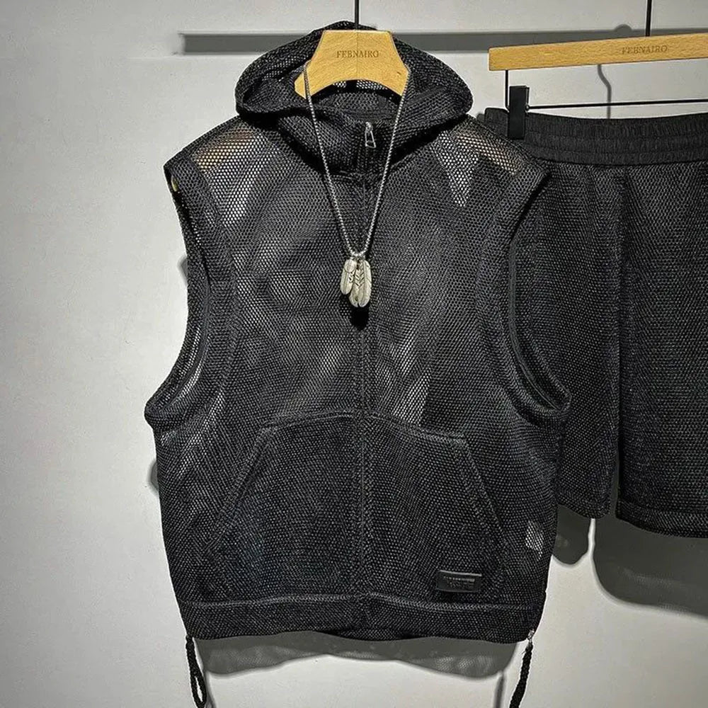 Mens Casual Two-Piece Clothing 2024 Summer Men'S Solid Color Full-Print Mesh Fashion Trend Loose Shorts Hooded Vest Mens Suit