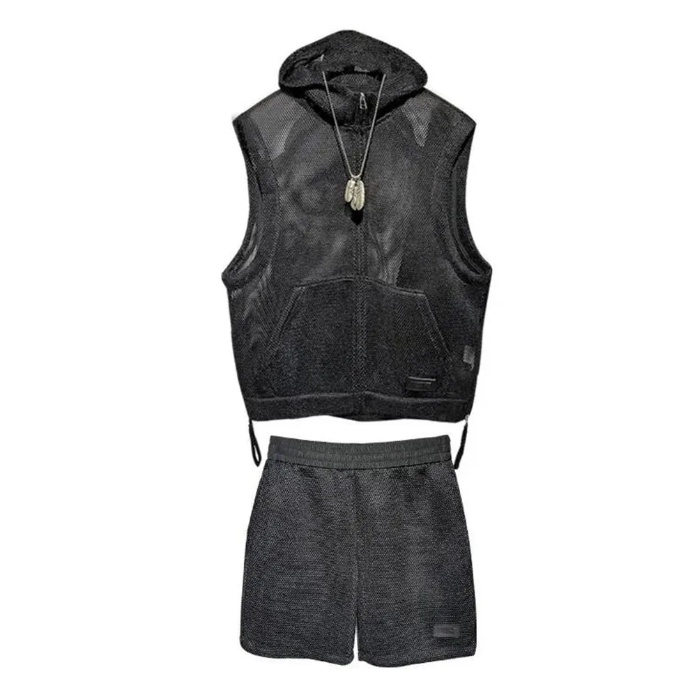 Mens Casual Two-Piece Clothing 2024 Summer Men'S Solid Color Full-Print Mesh Fashion Trend Loose Shorts Hooded Vest Mens Suit